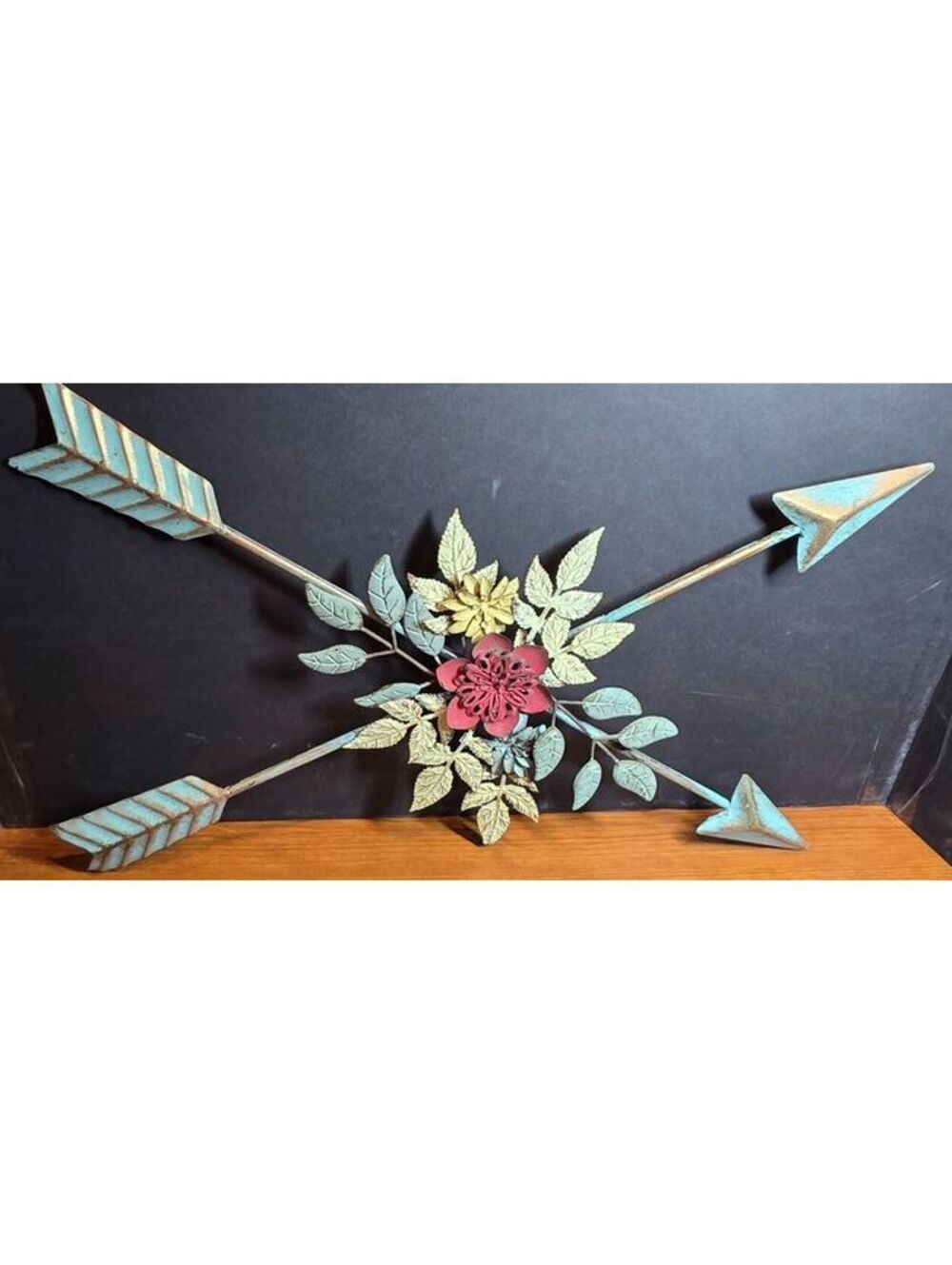 Crossed Arrows Metal Wall Decor with Floral Center – 19" x 12", Boho Farmhouse